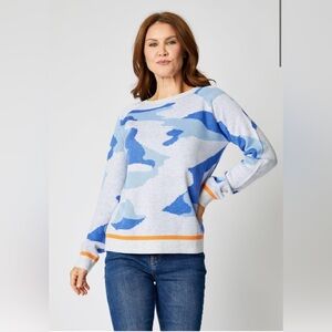 Jacqueline B Blue Camo Sweater with Orange Trim